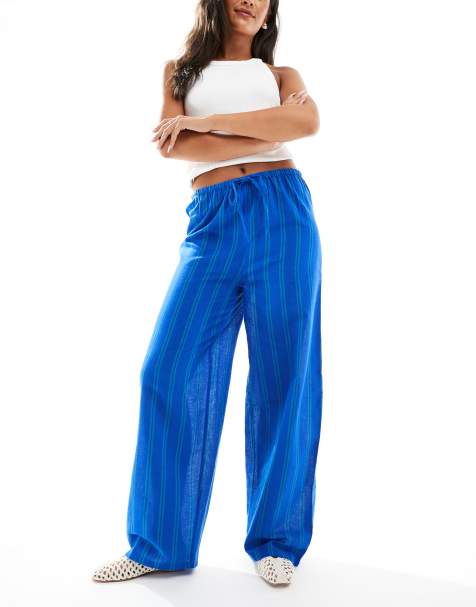 New Look – Niebieskie spodnie z szerokimi nogawkami w zielone paski - view 1