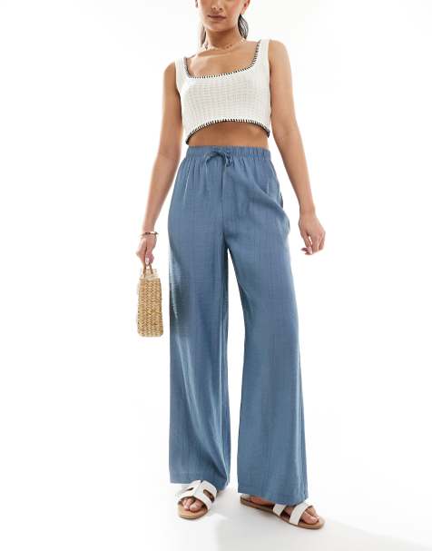 New Look crinkle wide leg trousers in mid blue