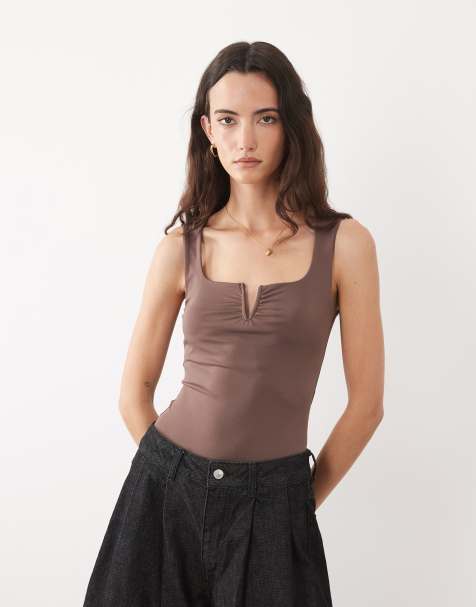 New Look notch detail square neck body in dark brown