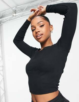 New Look notch neck ribbed long sleeve top in black