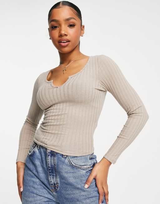 Women's Ribbed Notched Scoop Neck Long Sleeve Slim Casual Top