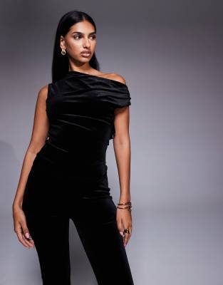 New Look - Oberteil aus Samt in Schwarz mit abfallender Schulterpartie, Kombiteil