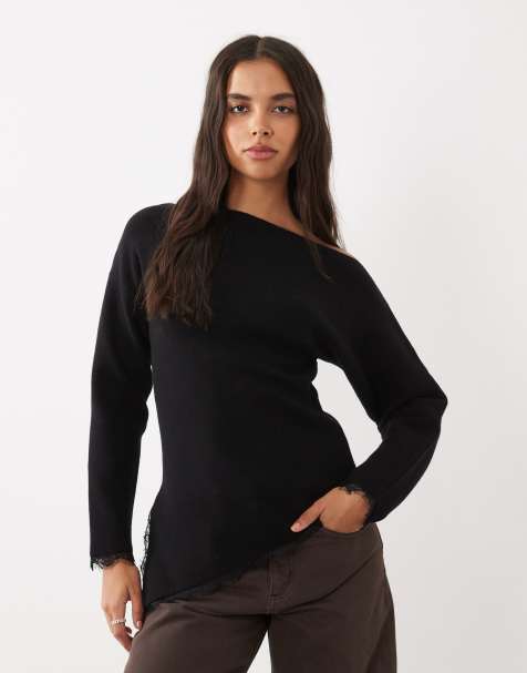 New Look off shoulder lace trim jumper in black - view 1