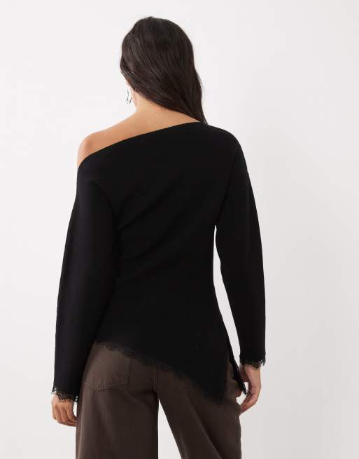 New Look off shoulder lace trim jumper in black, 4 of 4