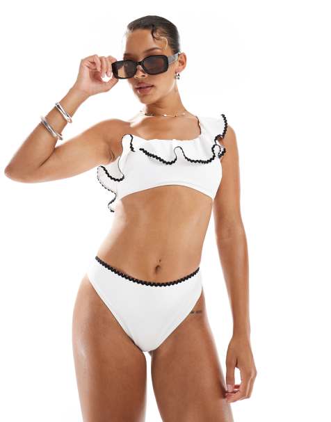 New Look one shoulder blanket stitch bikini bottoms in white