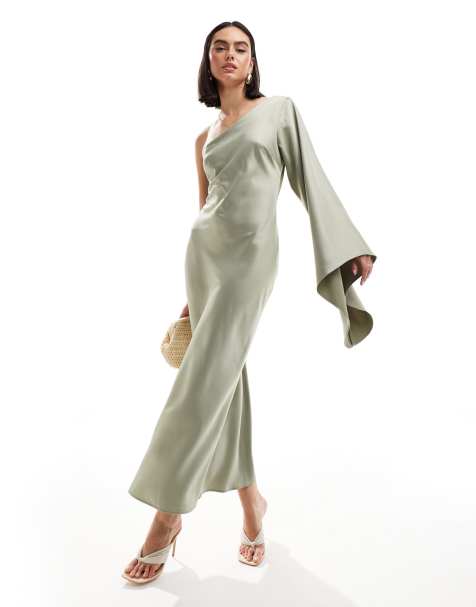 New Look one shoulder long sleeved satin dress in light khaki - view 1