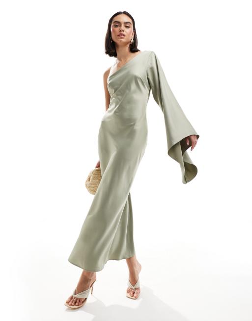 New Look one shoulder long sleeved satin dress in light khaki