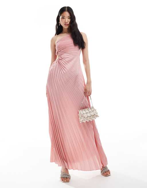 New Look one shoulder pleated midi dress in pink ASOS