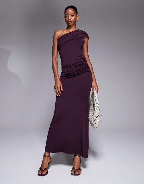 New Look one shoulder ruched midi dress in plum - view 1