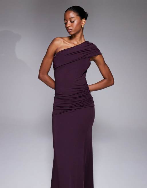 New Look one shoulder ruched midi dress in plum, 2 of 4