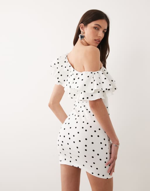 New Look one shoulder ruffle polka dot mini dress in cream, 4 of 4