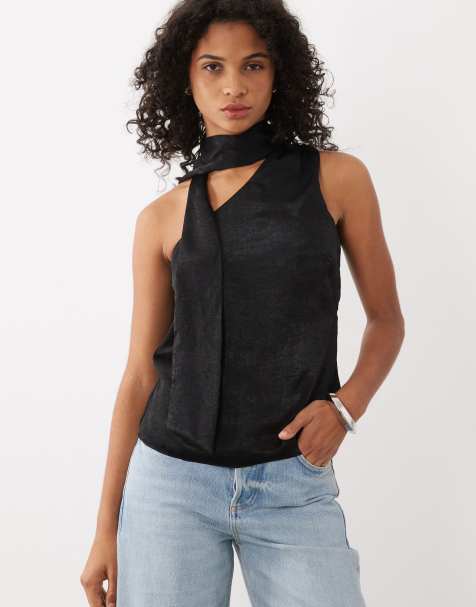 New Look one shoulder satin scarf neck top in black - view 1