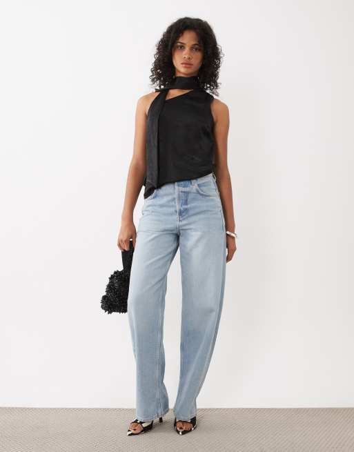 New Look one shoulder satin scarf neck top in black, 2 of 4