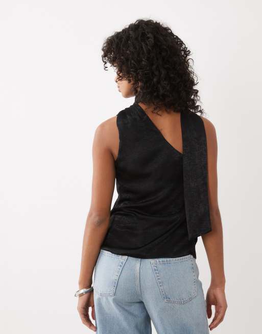 New Look one shoulder satin scarf neck top in black, 3 of 4
