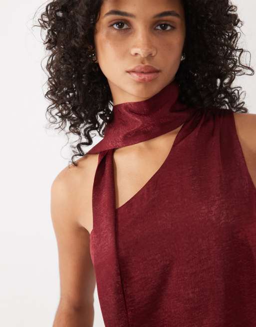 New Look one shoulder satin scarf neck top in burgundy, 2 of 4