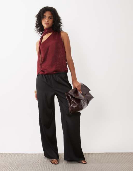 New Look one shoulder satin scarf neck top in burgundy, 3 of 4