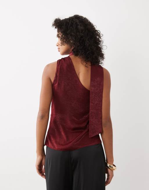 New Look one shoulder satin scarf neck top in burgundy, 4 of 4