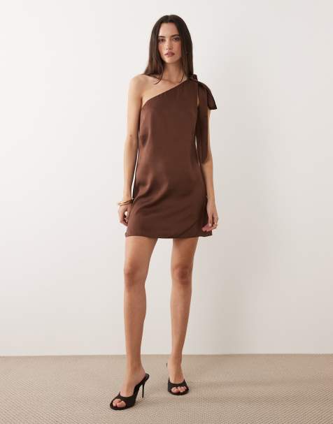 New Look one shoulder scarf detail satin mini dress in dark brown - view 1