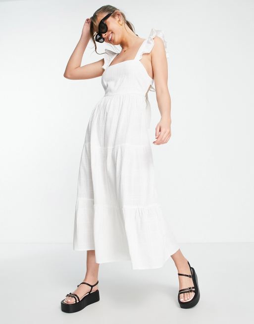 Effortlessly Simple White Tie-Strap Midi Dress With Pockets