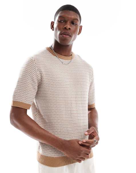 New Look open knit t-shirt in light brown - view 1