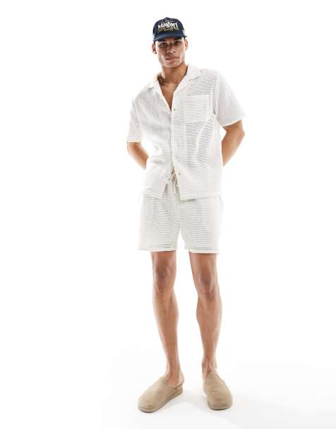 New Look open weave revere shirt & shorts set in white - view 1