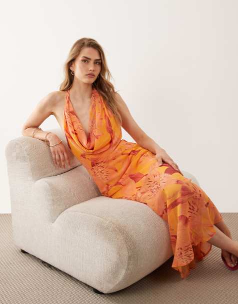 New Look – Orange, blommig maxiklänning med halterneck - view 1
