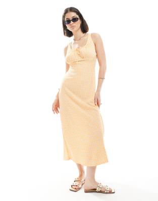New Look – Orange, ginghamrutig, krinklad midiklänning i milkmaid-modell - view 1