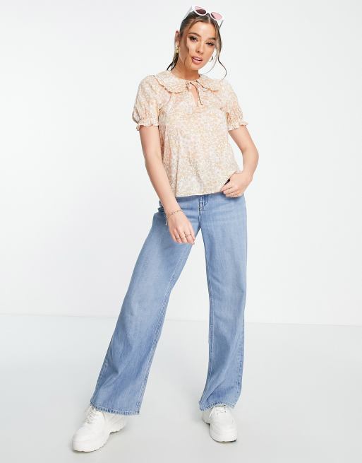 New Look – Orange retroblommig blus med krage, 4 av 4