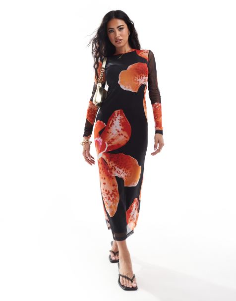 New Look orchid print mesh dress in black and orange - view 1
