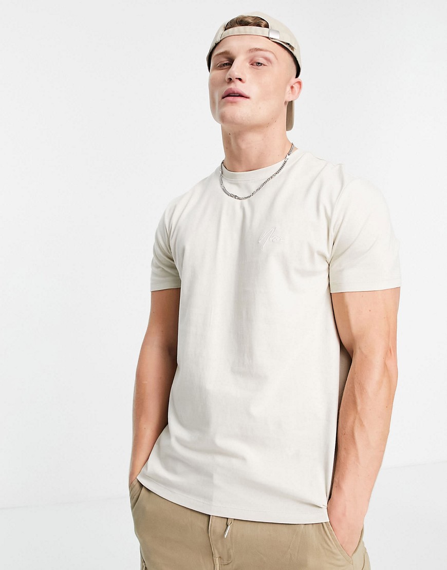 New Look organic cotton NLM embroidered t-shirt in stone-Neutral