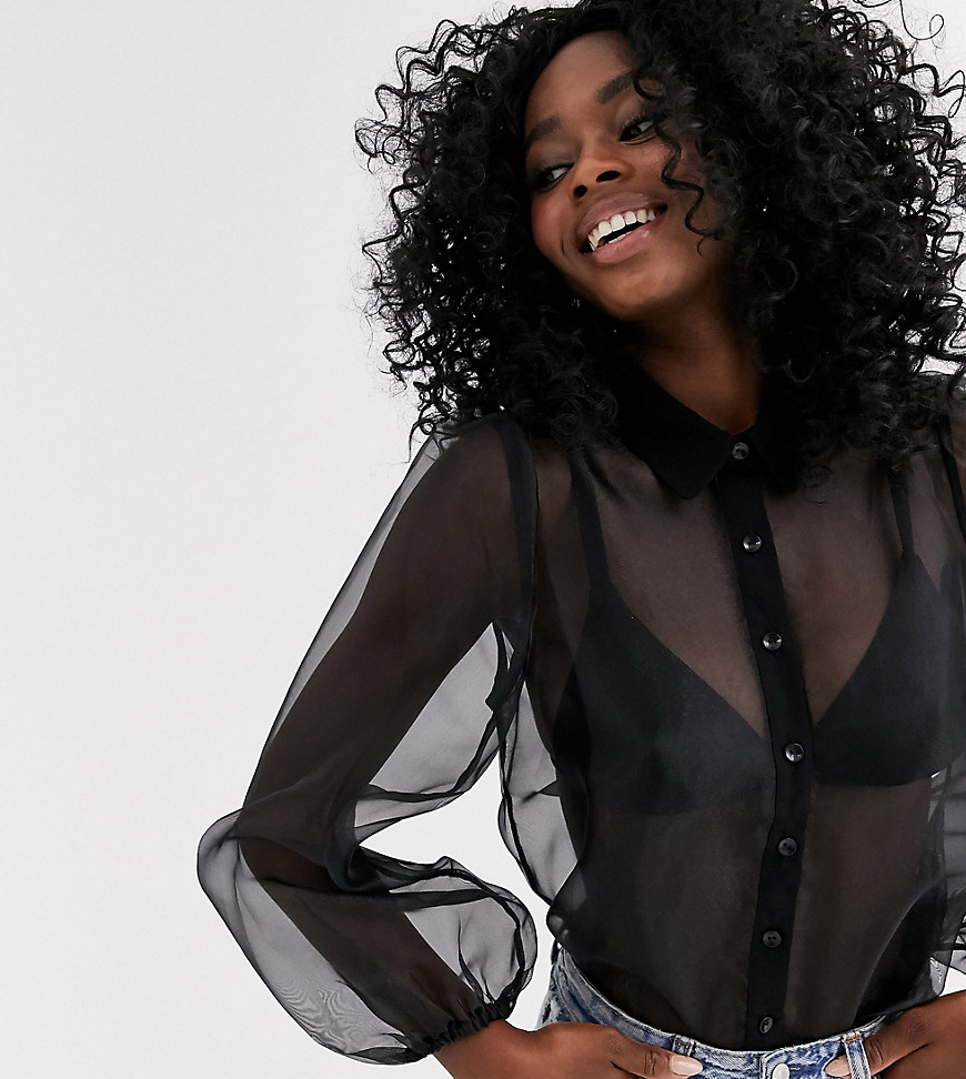 New Look - Organza blouse met lange pofmouwen in zwart