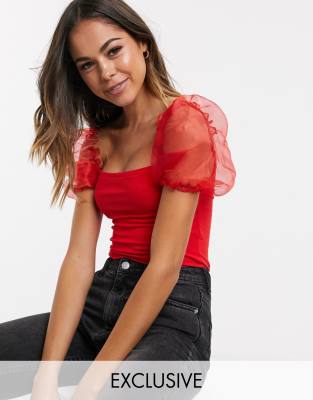 New Look organza sleeve blouse in red 