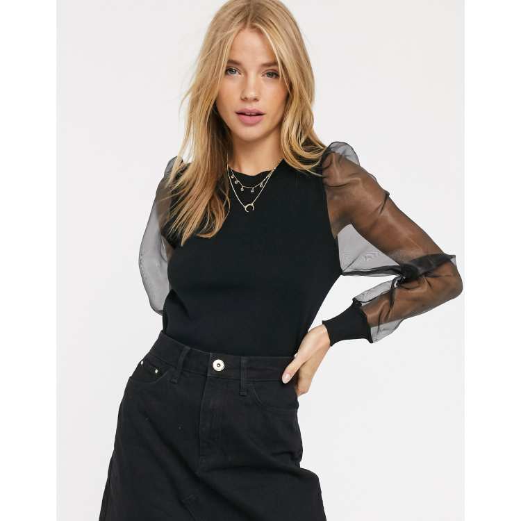 New Look organza sleeve jumper in black ASOS