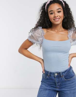 New Look organza sleeve top in soft blue