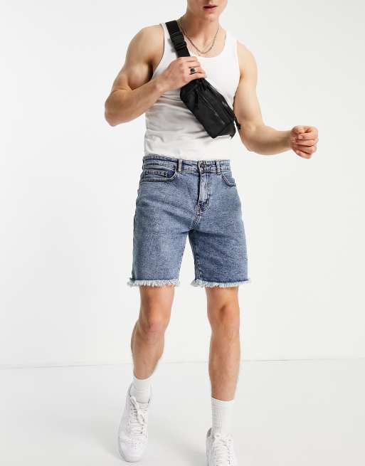 New Look original fit denim shorts with frayed hem in blue