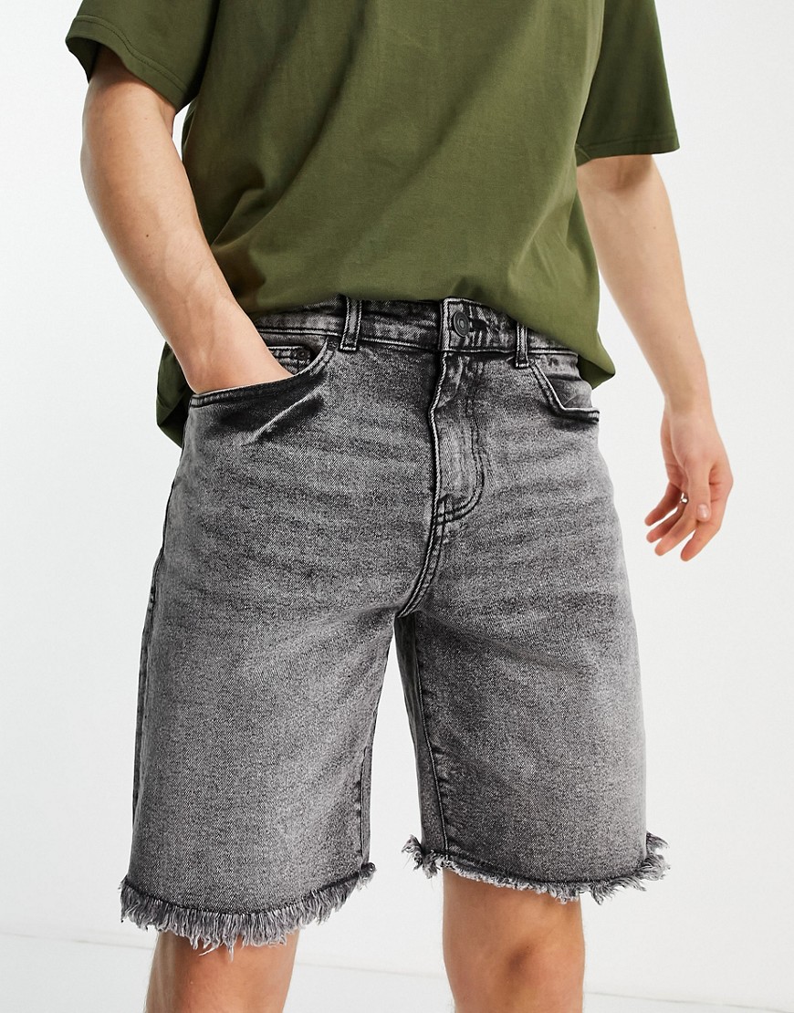 New Look original fit denim shorts with frayed hem in washed black