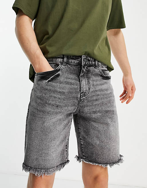 New Look original fit denim shorts with frayed hem in washed black