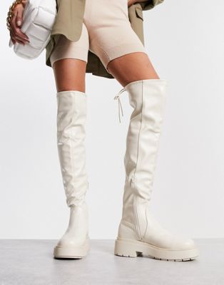 New Look over the knee chunky stretch flat boots in Cream-Black