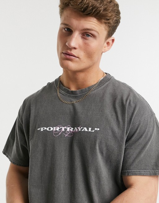 New Look oversized t-shirt with portrayal print in overdye grey