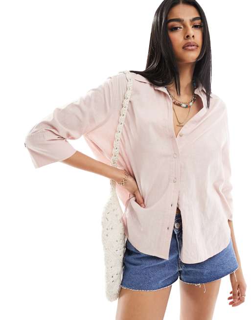 New Look - Overhemd met linnenlook en lange mouwen in roze