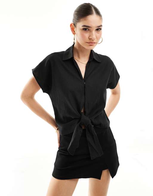 New Look - Overhemd van linnenlook met gestrikte voorkant in zwart