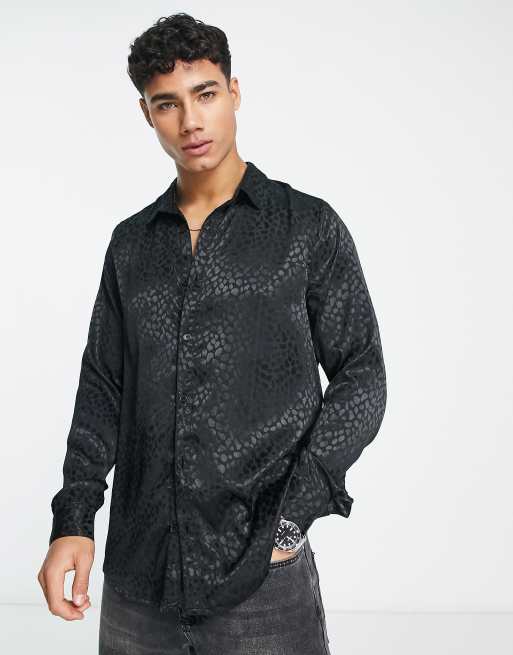 New Look - Overhemd van satijnen jacquard met dierenprint in zwart