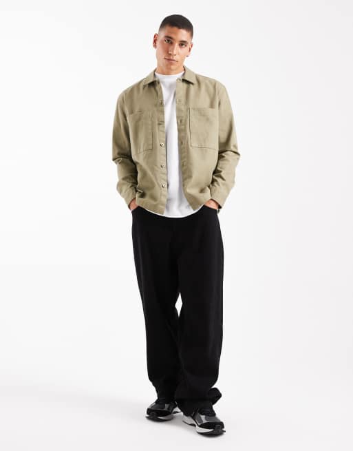 New Look - Overshirt van zware keperstof in licht kaki, 2 van 5