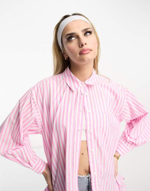 New Look – Oversize-Boyfriend-Hemd aus Popeline in rosa und weiß gestreift