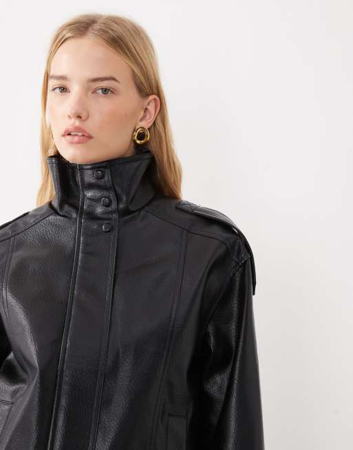 New Look oversize jacka i läderimitation med ståkrage i svart, 3 av 4