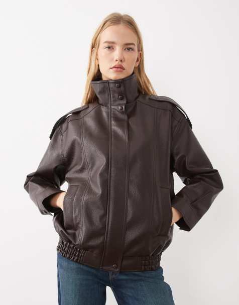 New Look Oversize-Kunstlederjacke mit Trichterkragen in Dunkelbraun - view 1