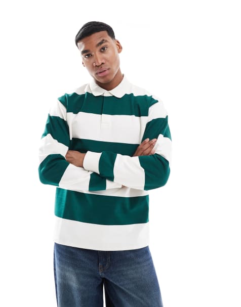 New Look – Oversize-Polohemd im Rugby-Stil in Grün gestreift - view 1
