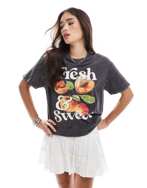 New Look – Oversize-T-Shirt in grauer Acid-Waschung mit Pfirsich-Print - view 1
