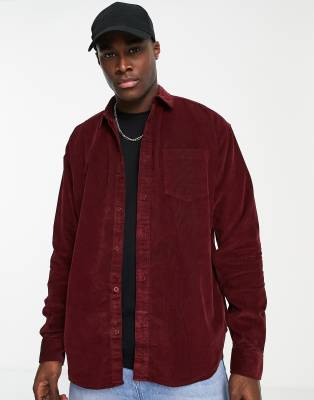 New Look oversized cord overshirt in burgundy