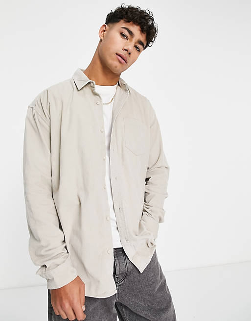Men New Look oversized cord overshirt in off white 